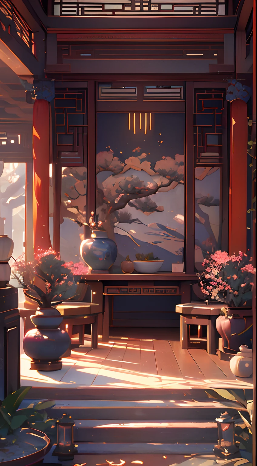 (Antique interior design), Chinese home furnishings, Round porch, Depth, symmetrical design, ((Antique carved door beams, carved beam paintings, tables and chairs, Bonsai, vases, porcelain, green trees, Flowers, Chinese lamps, Embroidery, Screens, Beds, cushions, Red sand curtains)), Exquisite home, rich details, Ancient Chinese Ming dynasty style, Quiet and elegant atmosphere, Cool colors are the keynote, exquisite and soft painting style, Heads-up lens, Cinematic lighting effects, high-definition picture quality, Tyndall effect, Dreamy, rich details, Reference: Gu Kaizhi, 32K, High quality, high resolution, (Very detailed CG unity 8K wallpaper)