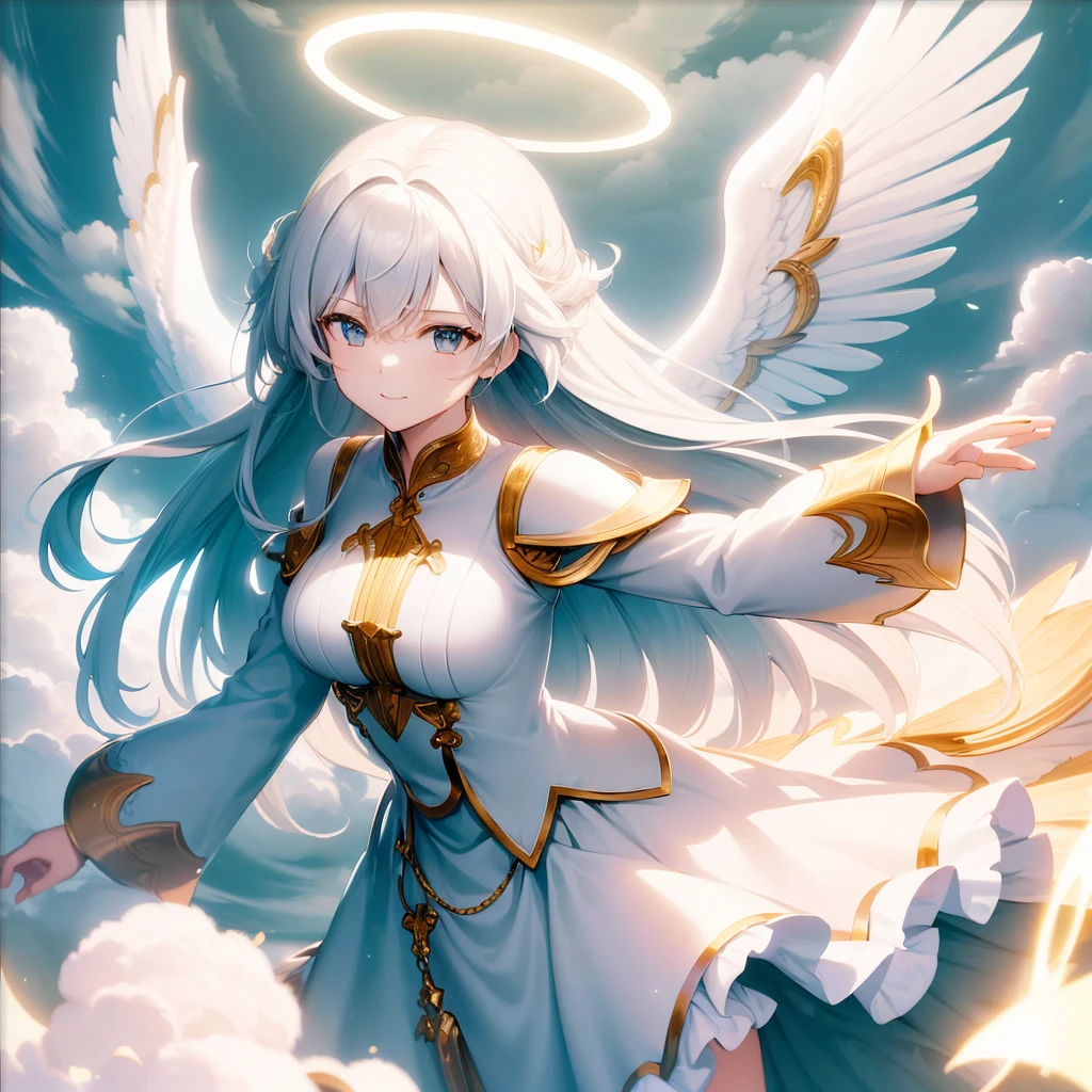 (Masterpiece), (Best Quality), A fashionable girl flying in the clouds. She is flying over the grassland on a floating cloud island in the blue sky. She is smiling, with her hair blowing in the wind. The cloud island has trees and a stream, creating a bright and refreshing atmosphere. The wide-angle lens captures the vastness of the cloud island. The long exposure effect expresses the soft movement of the clouds.