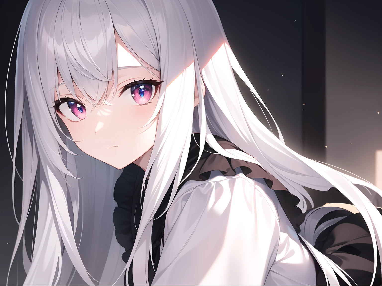 ((Masterpiece, Best quality))++, Detailed light+, Detail hair+, detail hand+ ,1girll, woman, Long hair, Crimson eyes, Beautiful eyes, Young gray hair,,(Beautiful white hair:1.5),(Beautiful detailed eyes), high resolution+, blacksilk , a black skirt, Glass tones, Reflective eyes, {{Angle}} , extremelydetailedwallpaper, Original, ,