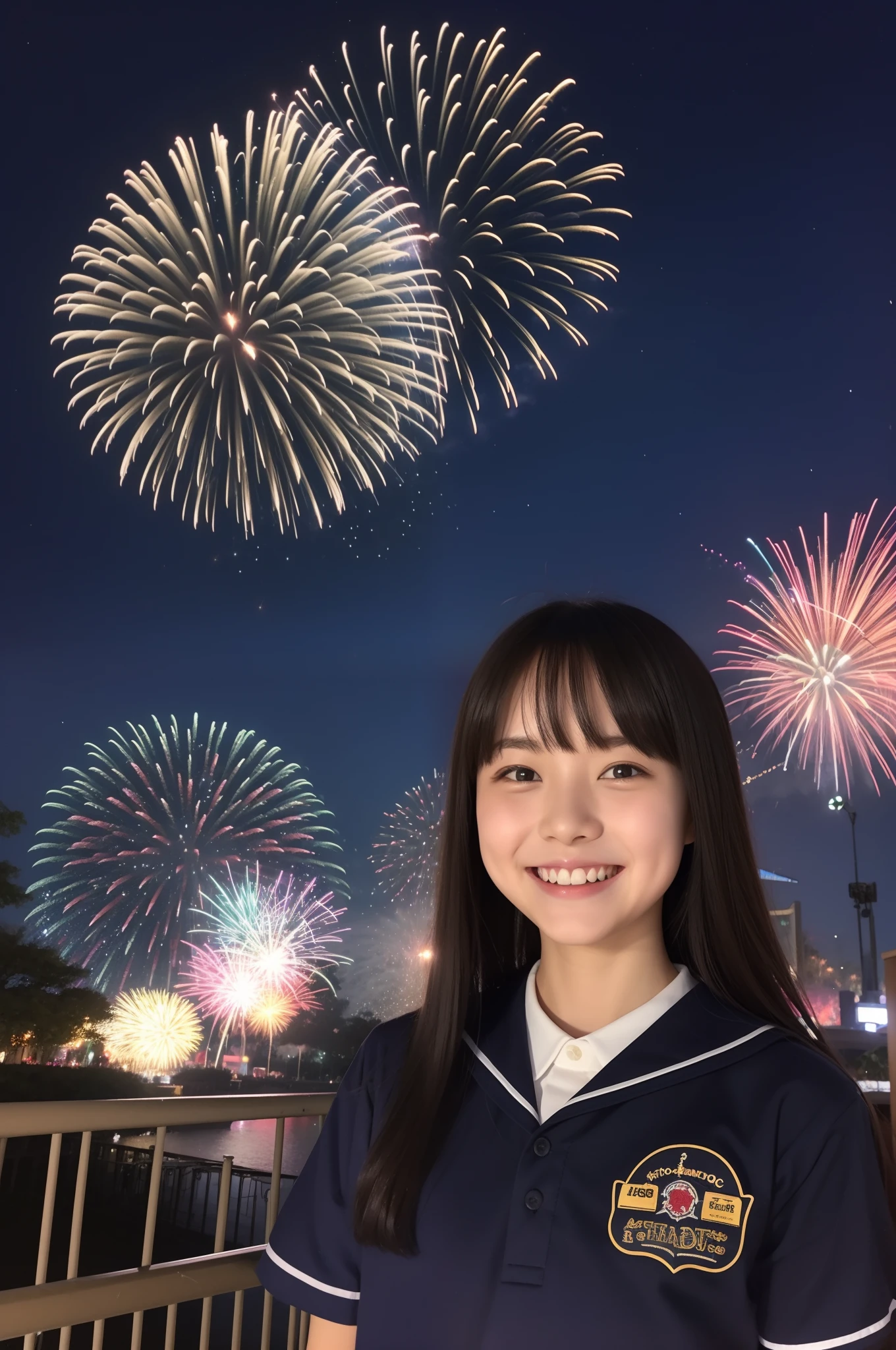 A smile、hi-school girl、校服、shortsleeves、An amusement park、While doing fireworks、starrysky、Aurora