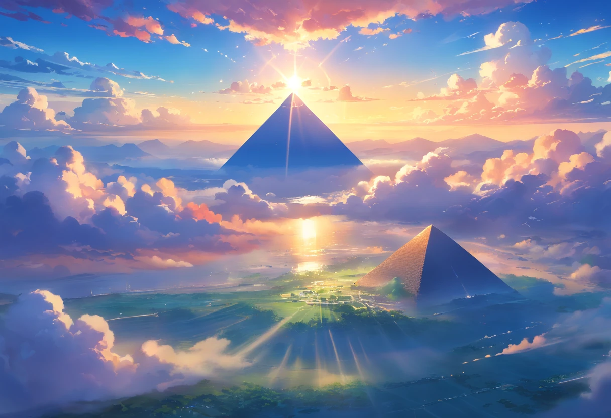 (best quality, 4k, 8k, highres, masterpiece:1.2),ultra-detailed,realistic blue sky,beautifully yellow clouds, green and yellow clouds forming a mesmerizing pattern,scenic view above the clouds,ethereal cloud world, stars floating against a vibrant sky,awe-inspiring cloud formations,dreamlike atmosphere,hovering above the world,serene and tranquil ambiance,soft and gentle lighting,hint of golden rays illuminating the clouds,subtle hues of red and purple,tinted with warm tones of blue,touch of brown glow on the horizon,majestic and breathtaking sight,distant pyramids peeking through the clouds,expansive sky stretching out endlessly,feeling of freedom and serenity,tranquil beauty that takes your breath away,vivid colors contrasting against the sky,beautiful play of light and shadows,quiet and peaceful moment above the chaos,serene escape from reality,one with nature and the skies.