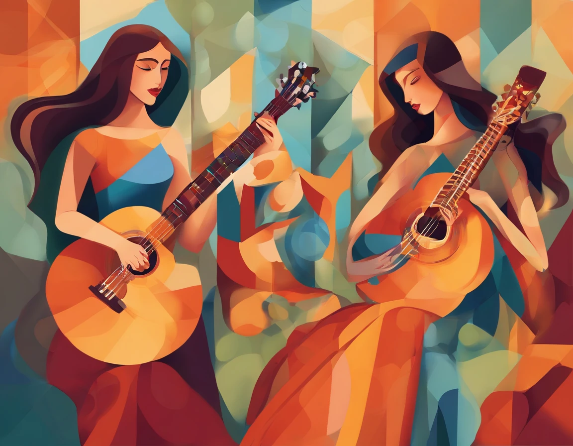 Painting of three women playing guitar and singing together, mulheres tocando guitarra, musicians, Estilo cubismo, cubistas adoram, Pintura cubista, Virtuosic painting, Guitarristas, synthetic cubism, Georgy Kurasov, Triad of Muses, Pintura estilizada, stylized digital illustration, Estilo cubista, Cubismo moderno