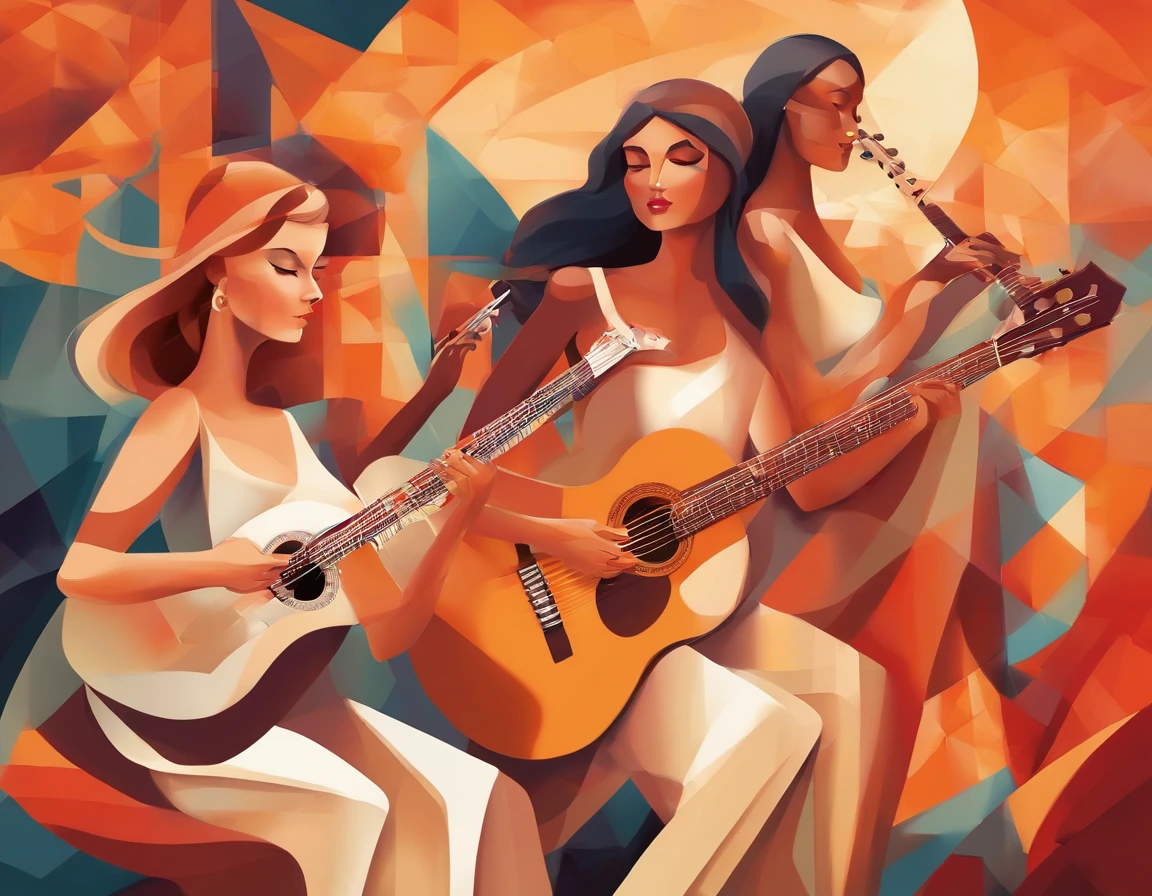 Painting of three women playing guitar and singing together, mulheres tocando guitarra, musicians, Estilo cubismo, cubistas adoram, Pintura cubista, Virtuosic painting, Guitarristas, synthetic cubism, Georgy Kurasov, Triad of Muses, Pintura estilizada, stylized digital illustration, Estilo cubista, Cubismo moderno