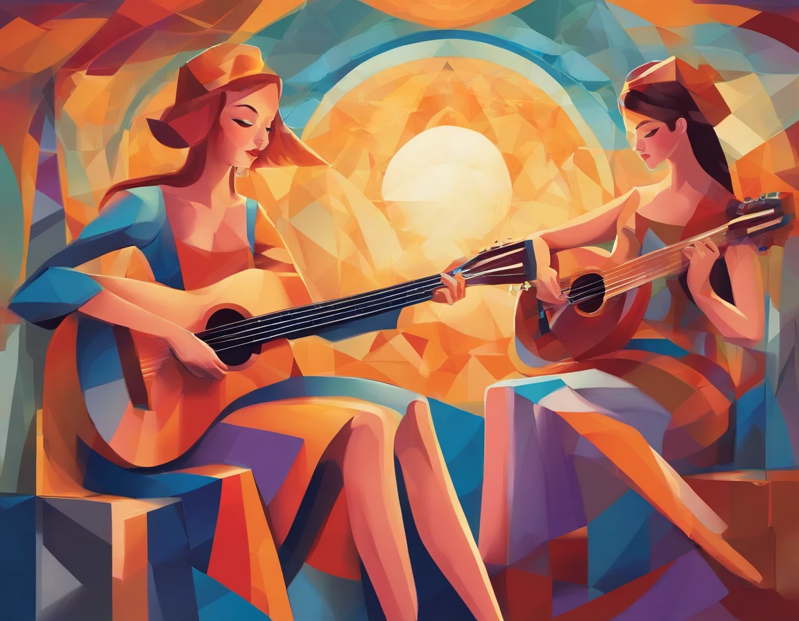 Painting of three women playing guitar and singing together, mulheres tocando guitarra, musicians, Estilo cubismo, cubistas adoram, Pintura cubista, Virtuosic painting, Guitarristas, synthetic cubism, Georgy Kurasov, Triad of Muses, Pintura estilizada, stylized digital illustration, Estilo cubista, Cubismo moderno