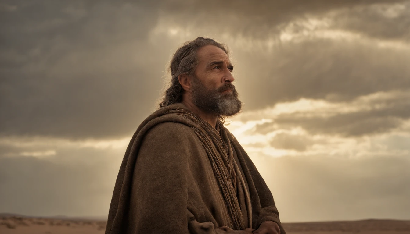 um homem encapuzado andando no deserto, holding a staff and one hand, with a sky background, portrait of bedouin d&d, ainda de um filme live action, Directed by: Étienne Delessert, Disparo IMAX, James Gurney e Andreas Rocha, Filme ainda de Duna 2020, medium shot of two characters, Danube, Sony Fotos, 4k ainda, Movie image of biblical prophet, he looks up to heaven and cries out to God to hear him, com tons quentes e terrosos, e sombras profundas, has a wise expression, --V 5 --Estilizar 1000, Biblical prophet cries out to God for the lives of his people, obra-prima, detalhes intrincados, cinemactic, The biblical prophet looks to heaven, A beautiful blue sky with some clouds, It's in the Sinai Desert, em uma colina, In the background is the desert and a small biblical village in the background, 50-Year-Old Biblical Character, no deserto: epic realistic, Soft cinematic portrait, Adobe Lightroom, photographic lab, altamente detalhado, desbotado, arte de greg rutkowski e artgerm ,cores neutras: 1,2), (HDR: 1,4) , (cores suaves:1.2), hiperdetalhado, (art-station:1.4), cinemactic, luzes quentes, dramatic light, (detalhes intrincados:1.1), fundo complexo, (Rutkowski:0.66), (azul e laranja:0.4), cinemactic, wears a brown robe and is looking up at the sky, (((olhos perfeitos, expressivos))), 8k, olha para cima, to the sky still blue, ((olhar perfeito, Expressivo))), (((apenas um homem))), ((barba curta grisalha e cabelo curto grisalhos)), Looking Up The Sky, (((olhos perfeitos)) Epic image, cinematographic, Cinematic 8K, imagem de meio corpo, plano americano, He is alone and his eyes staring at the blue sky with some clouds, (((olhos bem detalhados, very sharp, expressivos))) ((tem barba curta e cabelo curto grisalho)), 8k, cinemactic, obra-prima, (((um homem))), ((((is alone in the desert)))), olhos perfeitos e expressivos, It's just a man and it's alone,