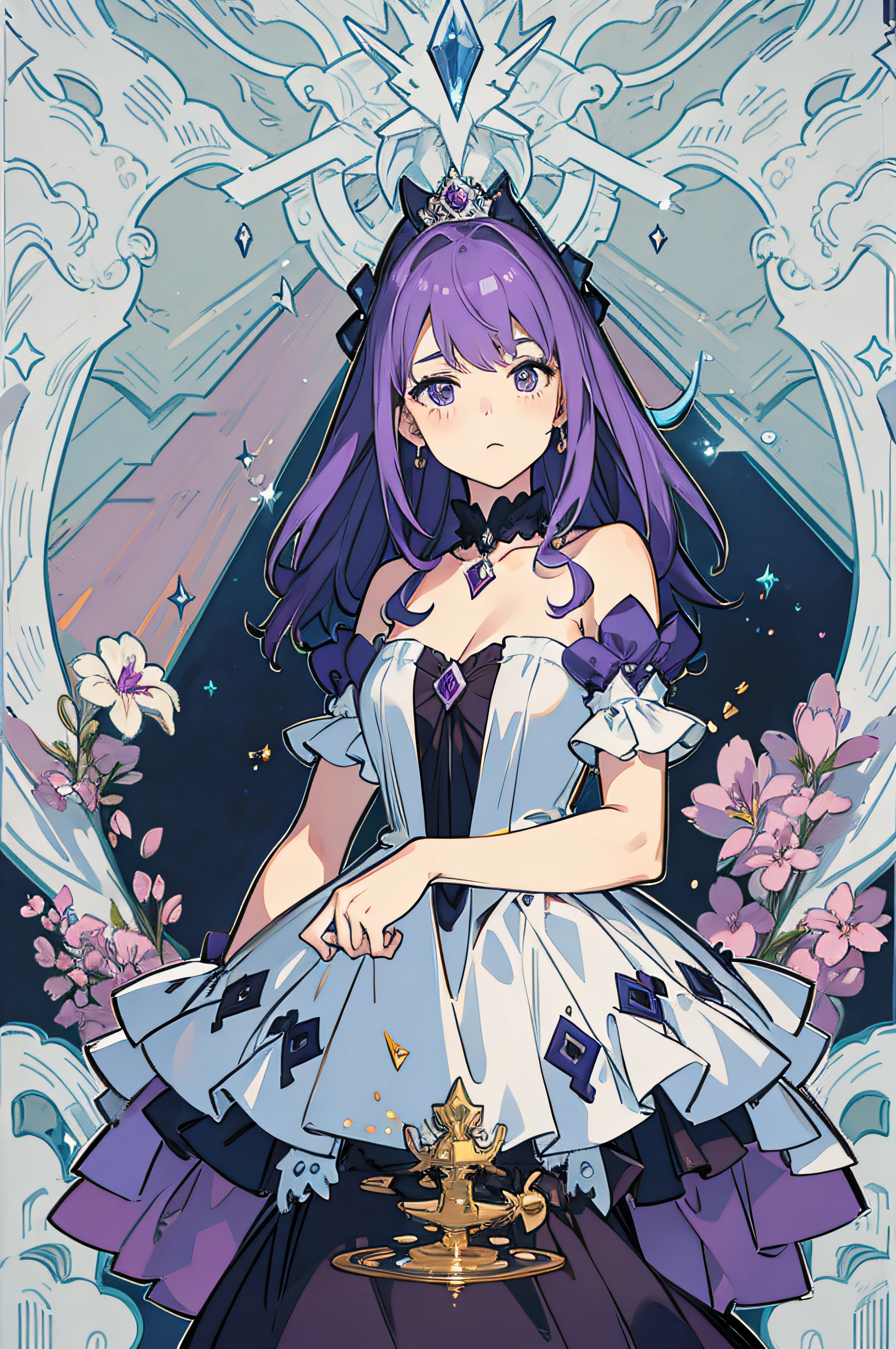 A Princess adult lady Purple hair Troubled face