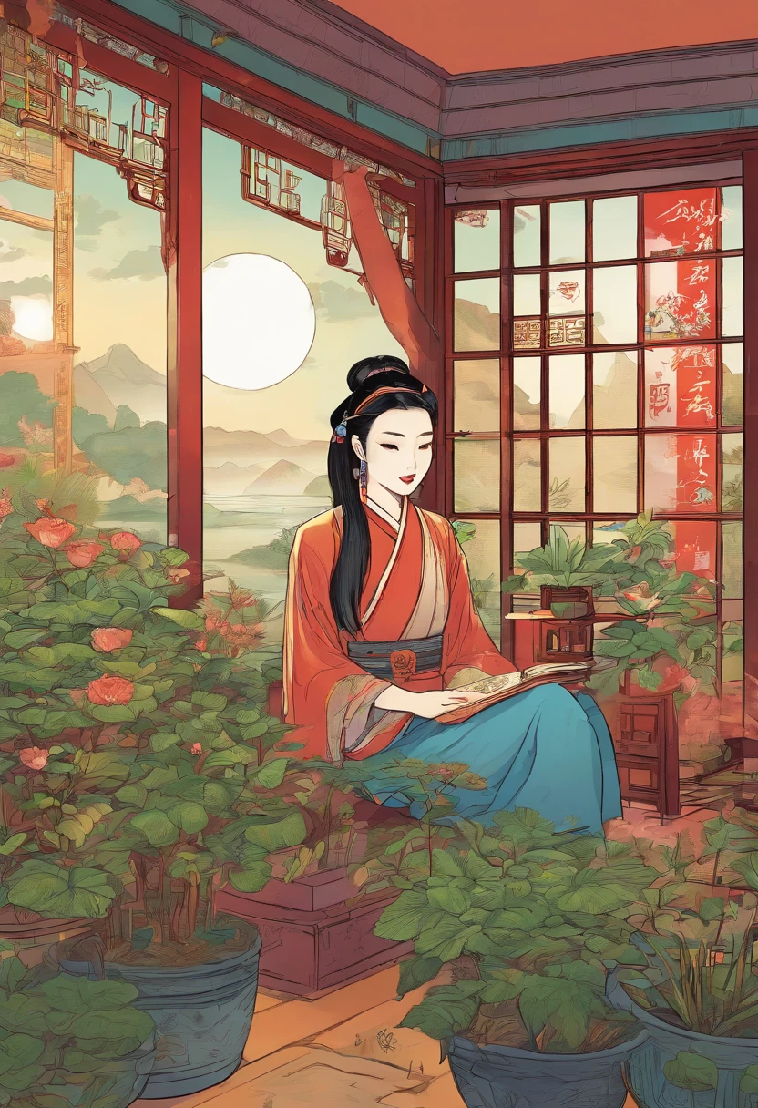 Chinese beauty of the Song Dynasty，desks，catss，Computer，big window，lots of plants，There is a moon at night
