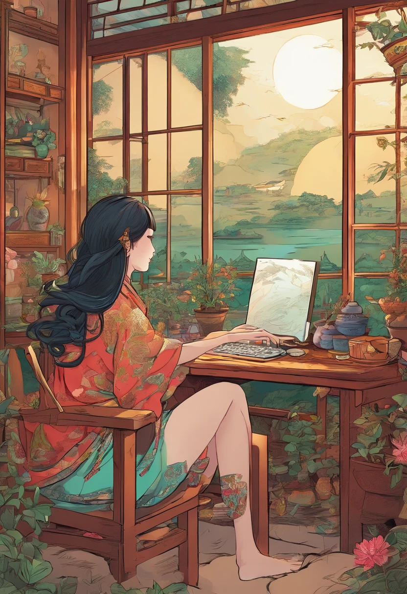 Chinese beauty of the Song Dynasty，desks，catss，Computer，big window，lots of plants，There is a moon at night