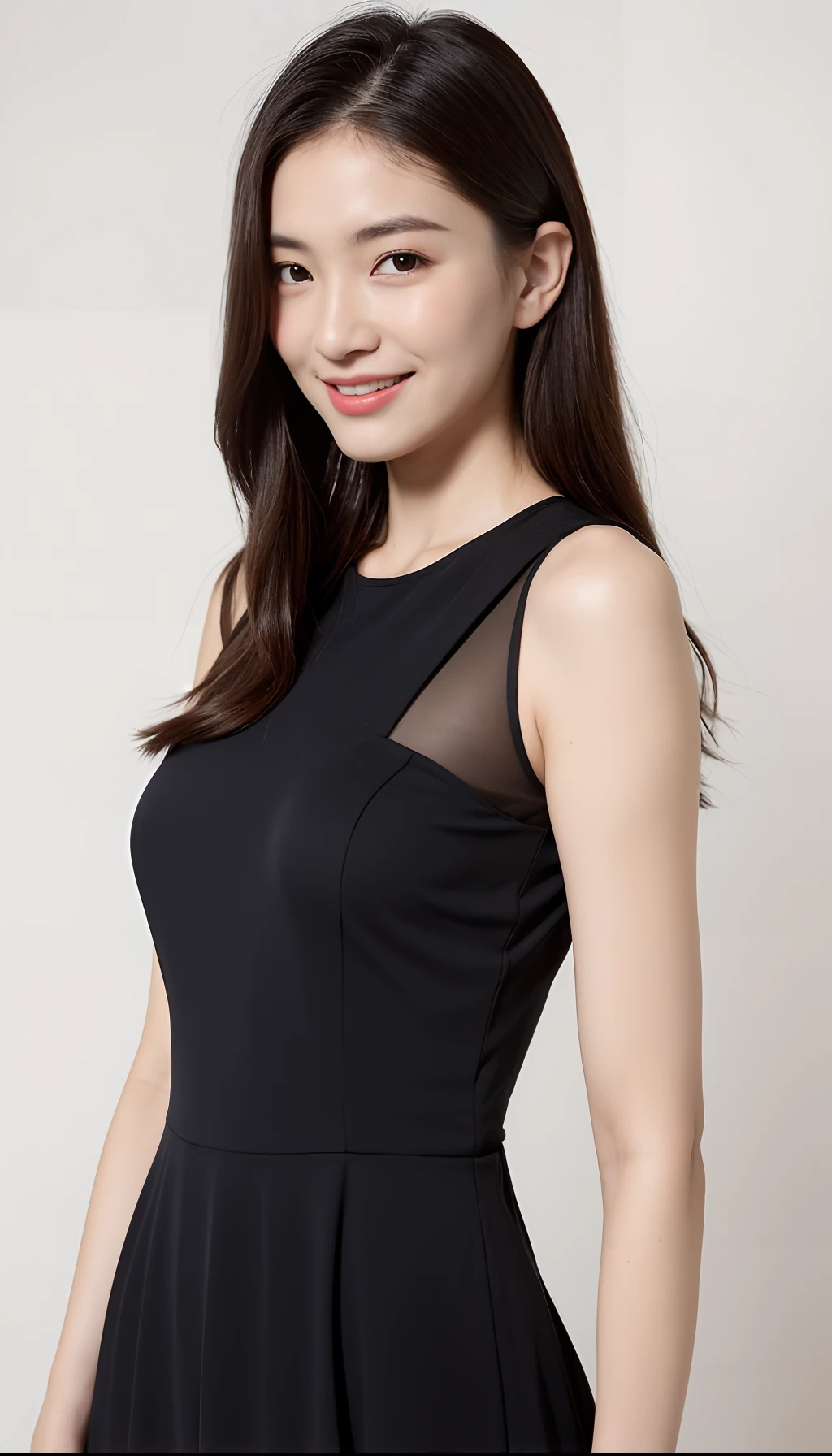 ((top-quality、8k、masterpiece:1.3))、1girl in、a smile、full bodyesbian、Slim Faces、Pretty women、(lightbrown hair)、Black full-length tight dress:1.1、hyperdetailed face、A detailed eye、二重まぶた、blured background、Slim Faces、城市、takeout、a street、Model body type、Heart-shaped see-through around the chest of the dress