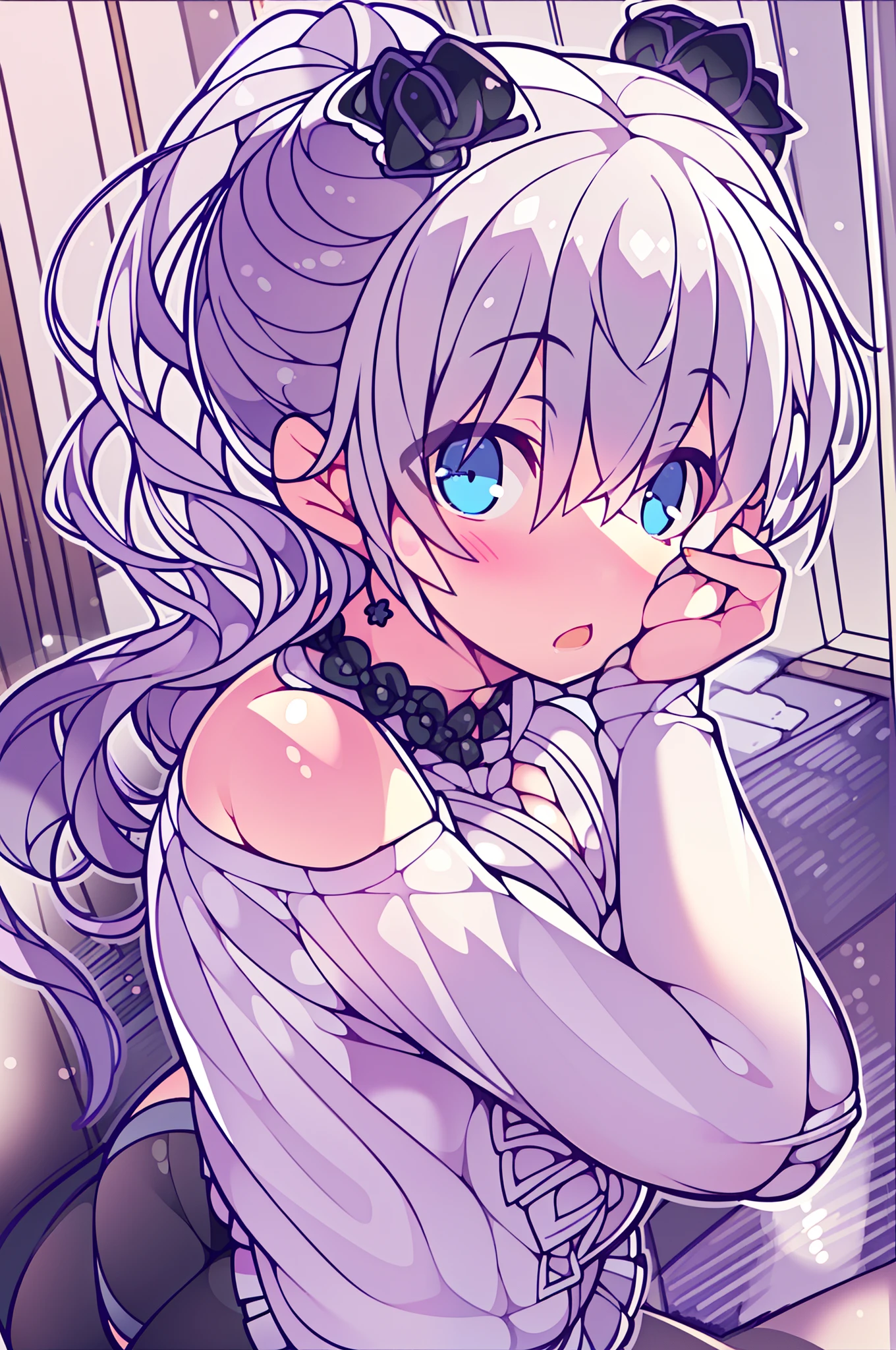 (((1 girl)),Ray tracing,(Dim lighting),[Detailed background (livingroom)),((Silver hair)),(Silver hair)),((Fluffy silver hair, plump and slender girl)) with high ponytail))) Avoid golden eyes in the sinister living room ((((Girl in white opaque shirt, Black wrinkled skirt and black transparent stockings), showing delicate and slender figure and graceful curves, Correct limbs, Hands behind the head, Hands behind the head, Hands behind the head , Eye details, Beautiful eyes, Delicate eyes, Blue eyes