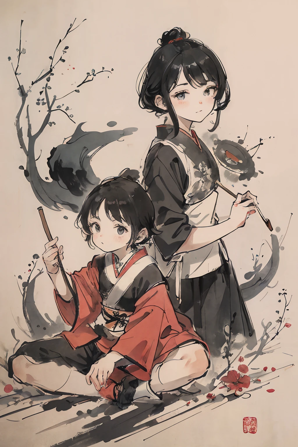 (masterpiece, best quality: 1.2), traditional Chinese ink painting, two children