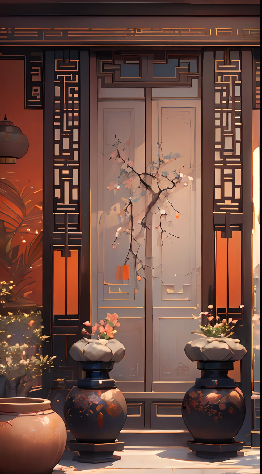 (antique interior design), Chinese home furnishings, round porch, depth, symmetrical design, ((antique carved door beams, carved beam paintings, tables and chairs, bonsai, vases, porcelain, trees, flowers, Chinese lamps, embroidery, screens, beds, cushions, red sand curtains)), exquisite home, rich details, ancient Chinese Ming dynasty style, quiet and elegant atmosphere, cold colors as the keynote, exquisite and soft painting style, heads-up lens, cinematic lighting effects, HD picture quality, Tyndall effect, dreamy, rich details, Reference Gu Kaizhi, 32k, high quality, high resolution, (very detailed CG unity 8k wallpaper)