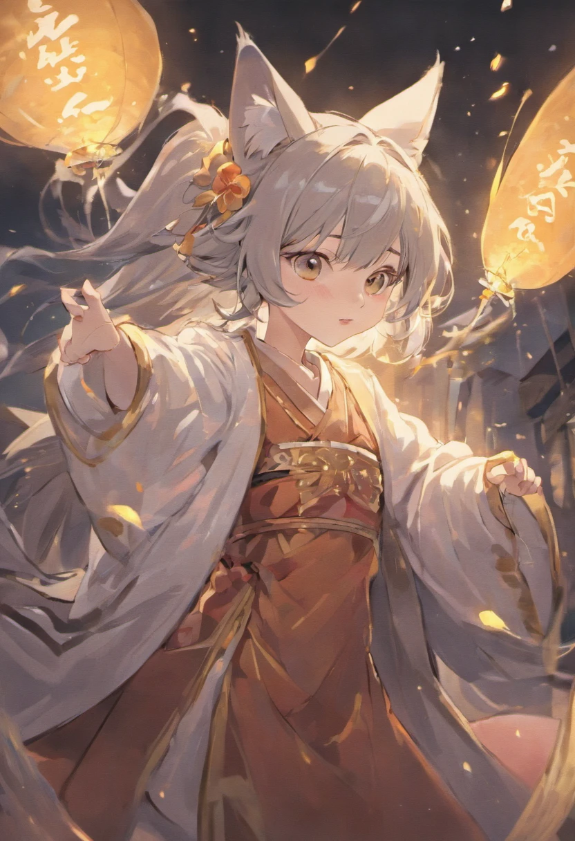 Best quality, 超高分辨率,neuter,Gray hair and white eyes,nine tail fox,folding fan,ssmile,ancient wind