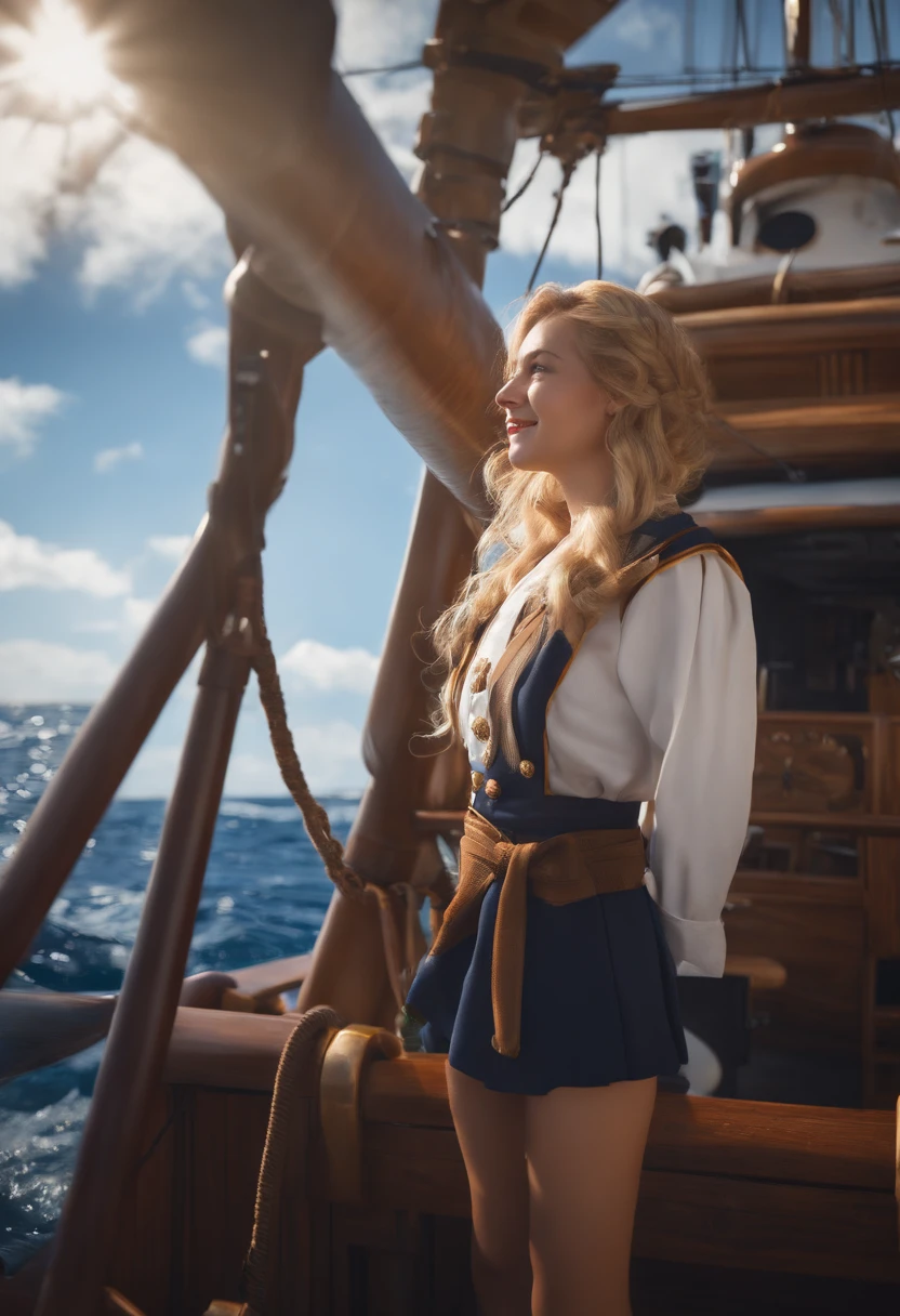 {{masutepiece, Best Quality, extremely details CG, Unity 8k壁纸, Cinematic lighting, }}, Sony α7, wide frame, south pacific, During the war with the Asian powers, The wind blowing on the Aegis ship, 1 girl, Full body, Smile, She is a sailor in the US Navy, Caucasian, 20 years old, Smile, Blonde hair, a short bob, Blue eyes , long eyelashes ,