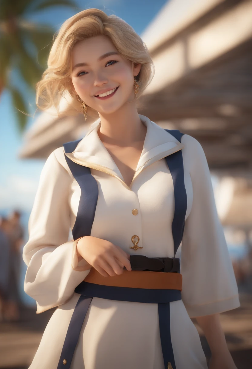 {{masutepiece, Best Quality, extremely details CG, Unity 8k壁纸, Cinematic lighting, }}, Sony α7, wide frame, south pacific, During the war with the Asian powers, The wind blowing on the Aegis ship, 1 girl, Full body, Smile, She is a sailor in the US Navy, Caucasian, 20 years old, Smile, Blonde hair, a short bob, Blue eyes , long eyelashes ,