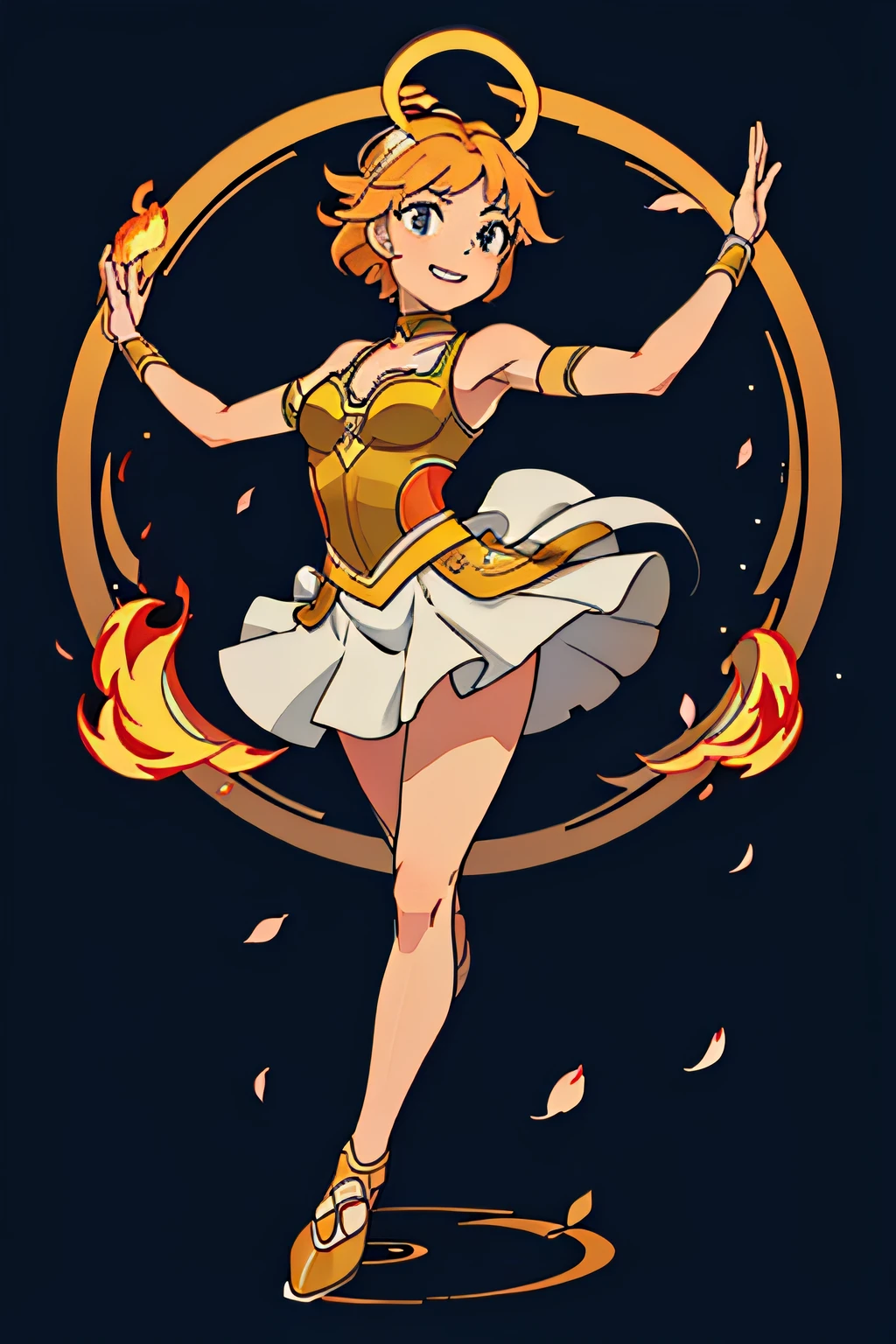Alpha Ounce Mucha, (Decorative composition: 1.6), Masterpiece, High Quality, ((Photorealistic)), (Arms and feet should be visible), Cinematic direction, visible(large full breasts), armature, sword, Shields, Depth of field, (Award-winning Chai photos), Girl dancing behind a pillar of fire, The girl is 9 , Short hair,Yellow hair, The Girl with Open Arms, chokers, dynamic movement, (dance), Smile, Show me your teeth, (((blossom))), liana, leaves, (A dazzling halo),