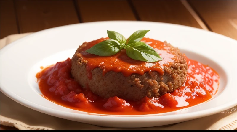 There's a plate with a breaded beef steak superimposed on a tomato sauce (vermelho)