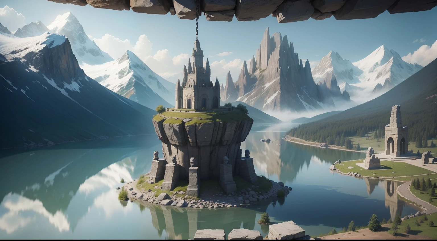 Fantasy style,There is a large suspended boulder in the middle,There are two large stone pillars on either side of the large stone,The stone pillars have chains connected to the large stone block in the middle,There is a villain in the close-up,There is a lake in the distance,There are many mountains in the distance of the lake