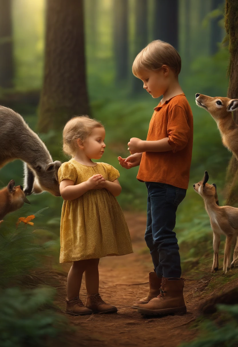 and girl observing animals on the ground in the woods,The colors are bright and bright