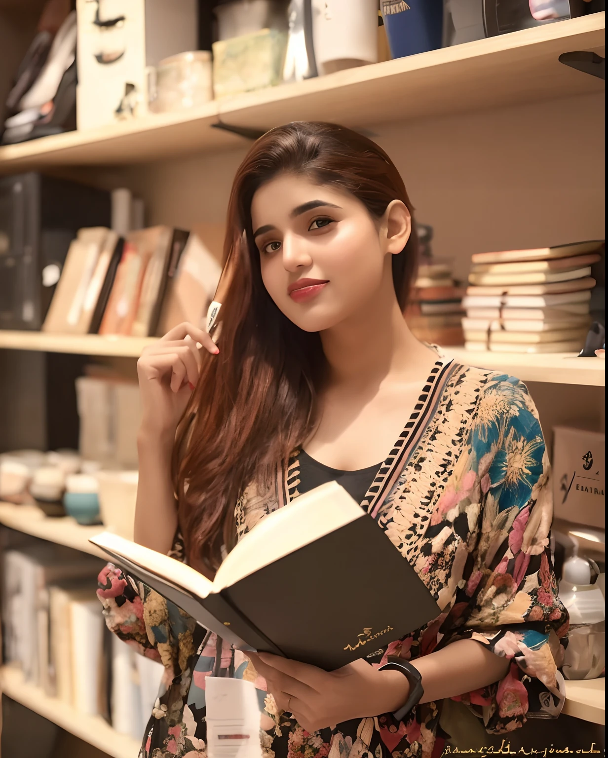 woman holding a book and pen in front of a book shelf, kyza saleem, candid picture, by Riza Abbasi, mid shot portrait, candid portrait, shot with sigma f / 4. 2, shot with sigma f/ 4.2, artistic pose, book portrait, with lovely look, candid photo, by Ambreen Butt, shot on sony a 7