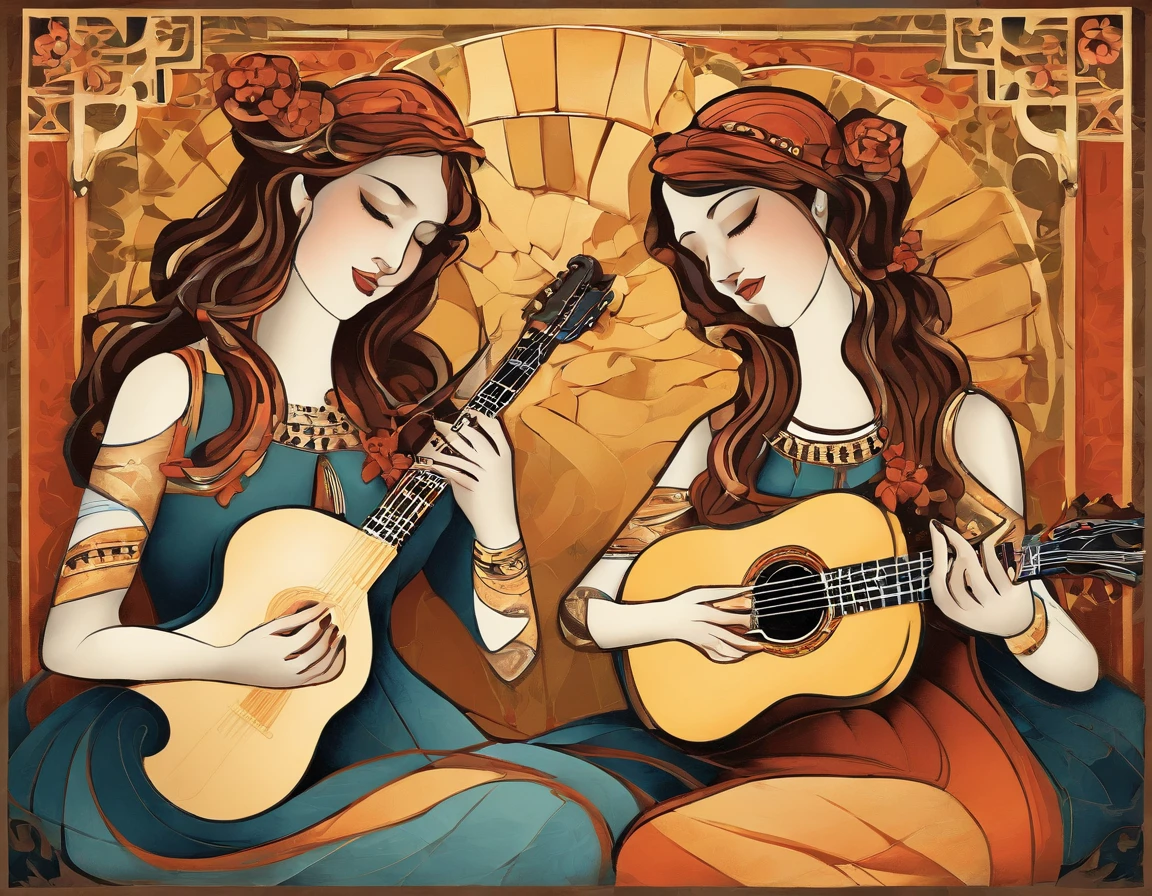 Painting of three women playing guitar and singing together, mulheres tocando guitarra, musicians, Estilo cubismo, cubistas adoram, Pintura cubista, Virtuosic painting, Guitarristas, synthetic cubism, Georgy Kurasov, Triad of Muses, Pintura estilizada, stylized digital illustration, Estilo cubista, Cubismo moderno