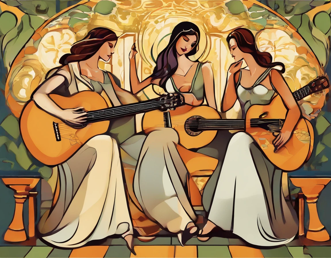 Painting of three women playing guitar and singing together, mulheres tocando guitarra, musicians, Estilo cubismo, cubistas adoram, Pintura cubista, Virtuosic painting, Guitarristas, synthetic cubism, Georgy Kurasov, Triad of Muses, Pintura estilizada, stylized digital illustration, Estilo cubista, Cubismo moderno
