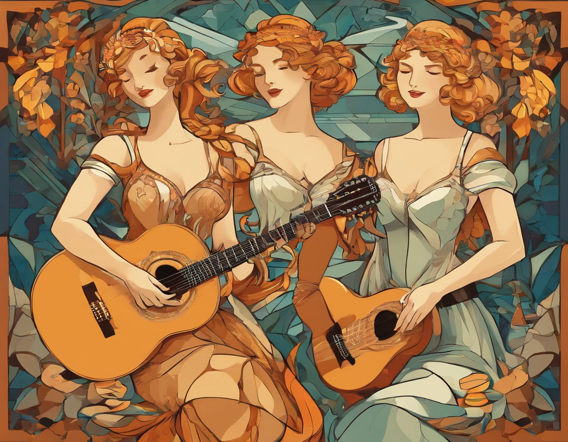 Painting of three women playing guitar and singing together, mulheres tocando guitarra, musicians, Estilo cubismo, cubistas adoram, Pintura cubista, Virtuosic painting, Guitarristas, synthetic cubism, Georgy Kurasov, Triad of Muses, Pintura estilizada, stylized digital illustration, Estilo cubista, Cubismo moderno