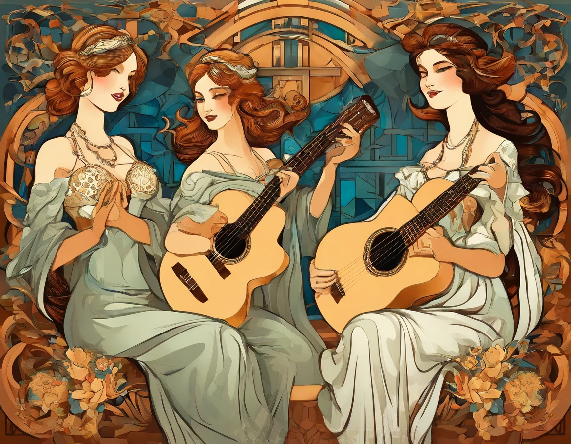 Painting of three women playing guitar and singing together, mulheres tocando guitarra, musicians, Estilo cubismo, cubistas adoram, Pintura cubista, Virtuosic painting, Guitarristas, synthetic cubism, Georgy Kurasov, Triad of Muses, Pintura estilizada, stylized digital illustration, Estilo cubista, Cubismo moderno