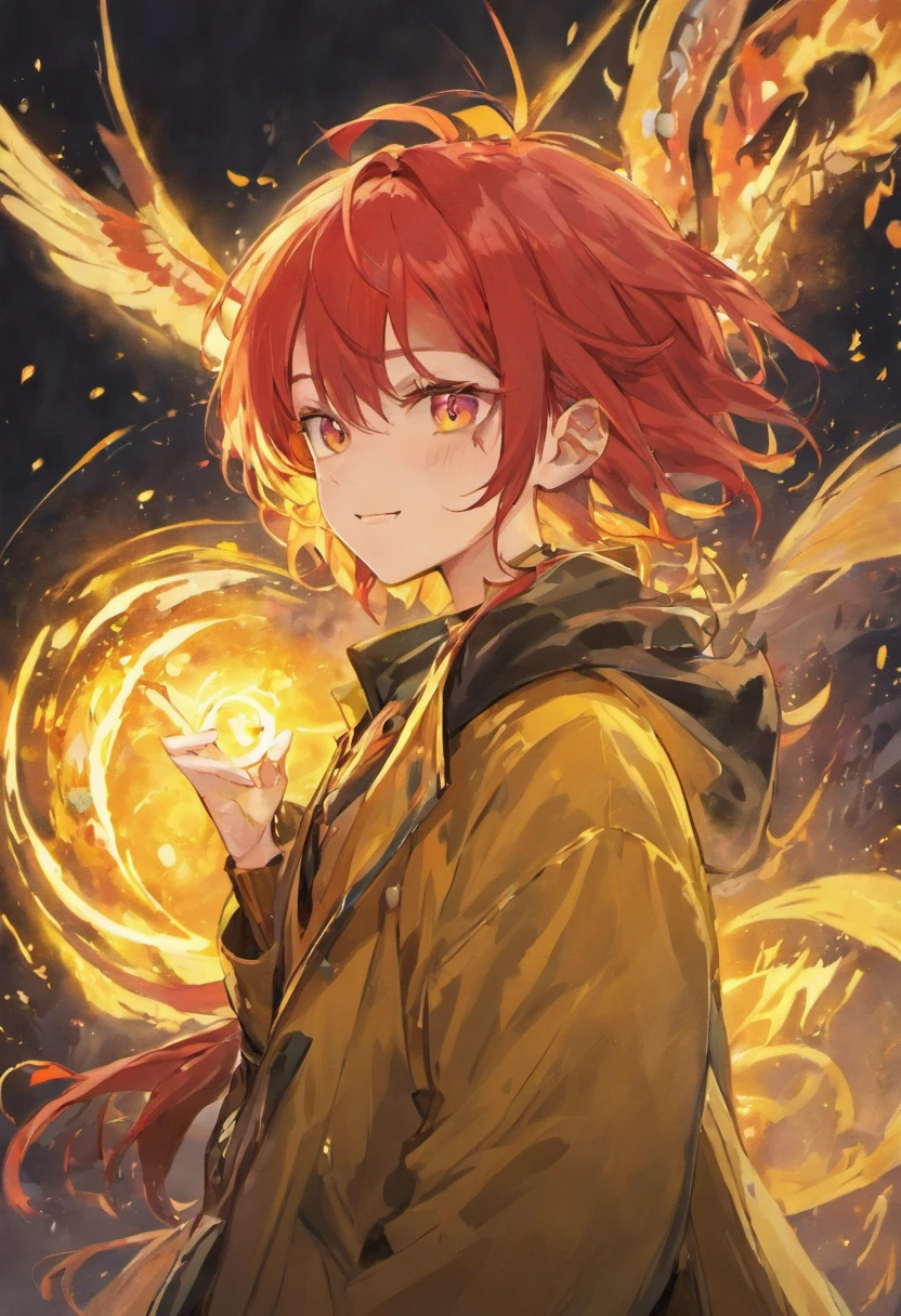 Red-haired black dragon, Golden eyes, wind coat, Sunny and cheerful smile, Tachi，male people，Optimal image quality