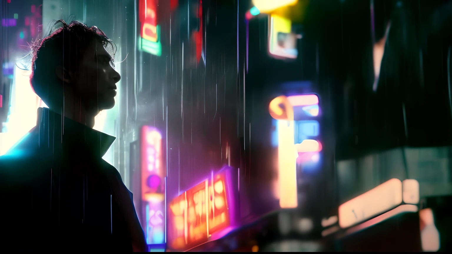 arafed man standing in the rain in a city at night, beaten tech. neo noir style, cyberpunk blade runner art, blade runner vibes, hyper-realistic cyberpunk style, cyberpunk art ultrarealistic 8k, neon rainy cyberpunk setting, blade runner feel, photorealistic blade runner, cyberpunk lighting, cyberpunk style , hyperrealistic, artgem and beeple masterpiece