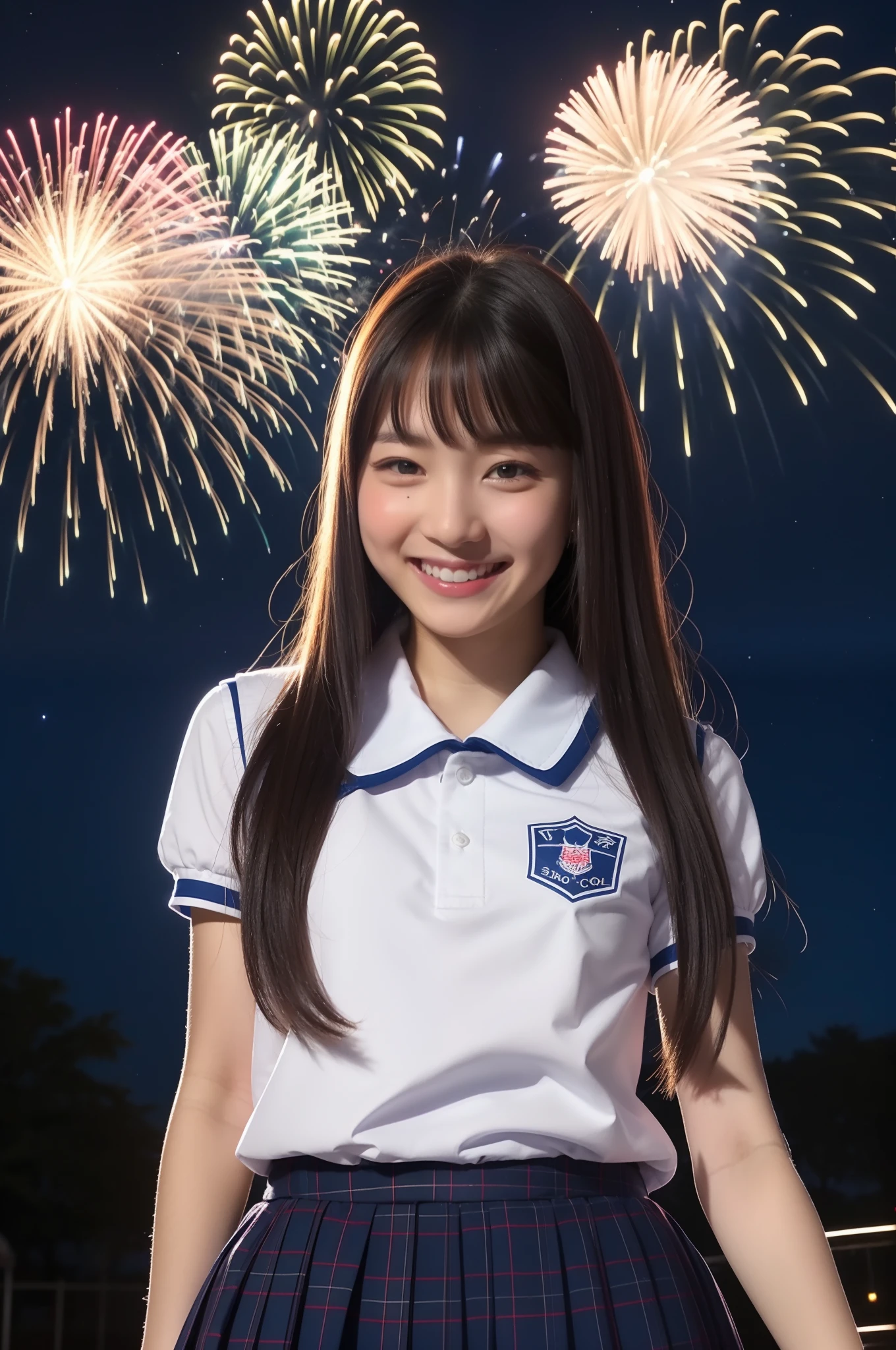 A smile、hi-school girl、校服、shortsleeves、An amusement park、While doing fireworks、starrysky、Aurora