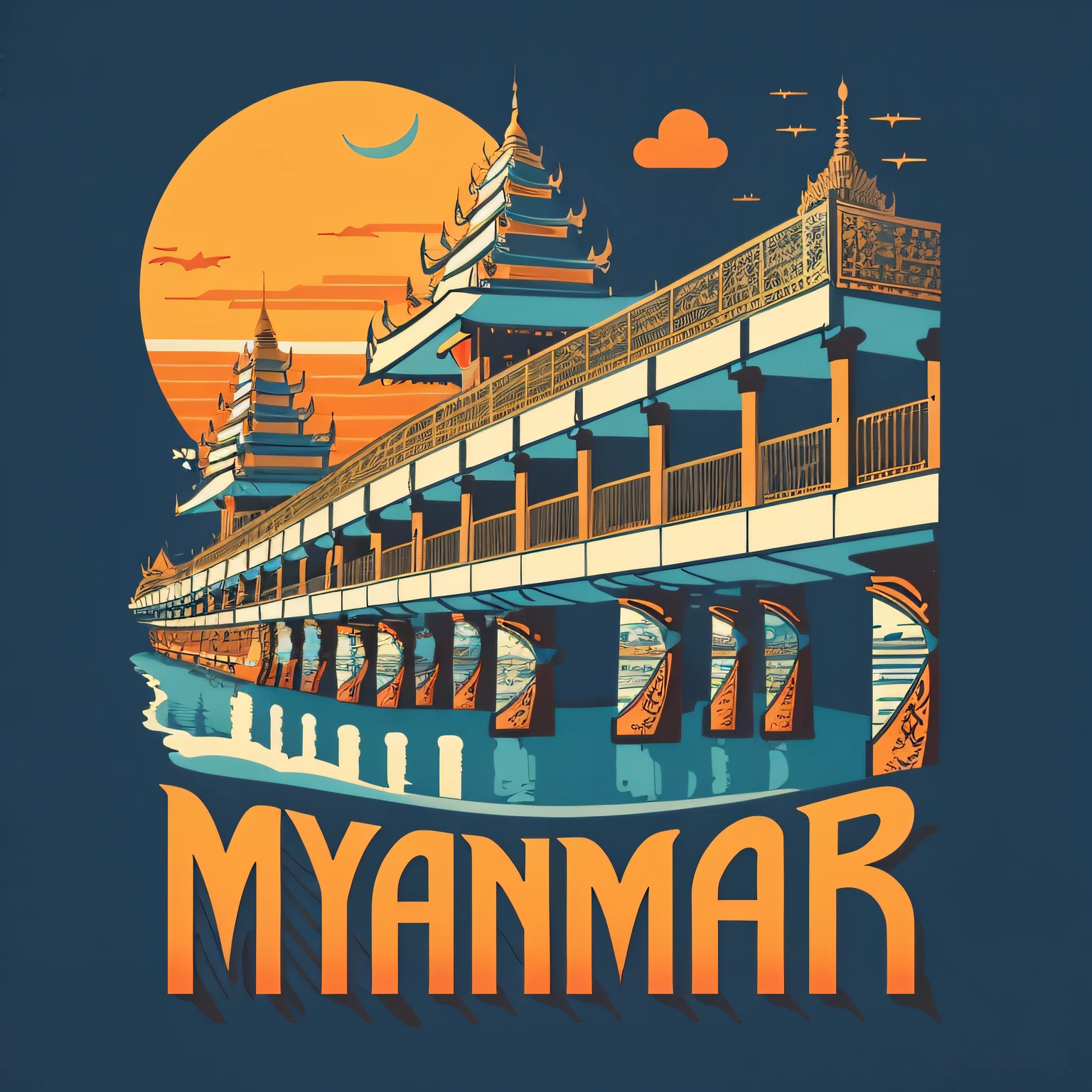 a close up of a poster of a bridge with a boat in the water, myanmar, jen bartel, vibrant tourism poster, travel poster, digital painting of a pagoda, illustration”, by Jason Benjamin, in style of digital illustration, vintage poster style, tall bridge with city on top, by Wayne England, full color illustration, poster art style, official illustration
