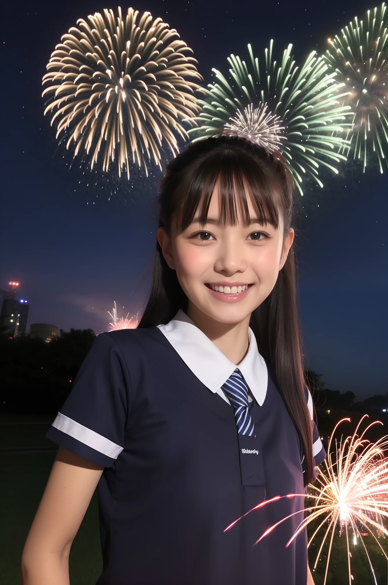 A smile、hi-school girl、校服、shortsleeves、An amusement park、While doing fireworks、starrysky、Aurora