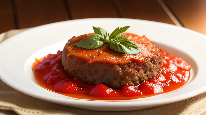 There's a plate with a breaded beef steak superimposed on a tomato sauce (vermelho)