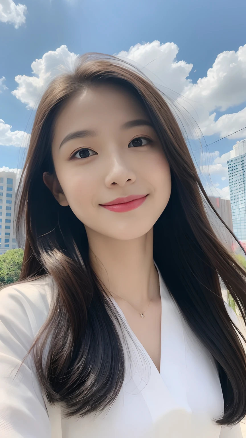 ((Best Quality, 8K, Masterpiece:1.3)), A beautiful girl, pure, melon face, gentle and cute, sweet smile, pure desire, thin figure, (frontal), (tilted head), looking directly at the camera, uniform, obi, formal, black silky long straight hair, long hair flowing over the shoulders, round black big eyes, clear big eyes, moist red lips, sweet, sitting on the side of the road, blue sky and white clouds, grass, buildings,