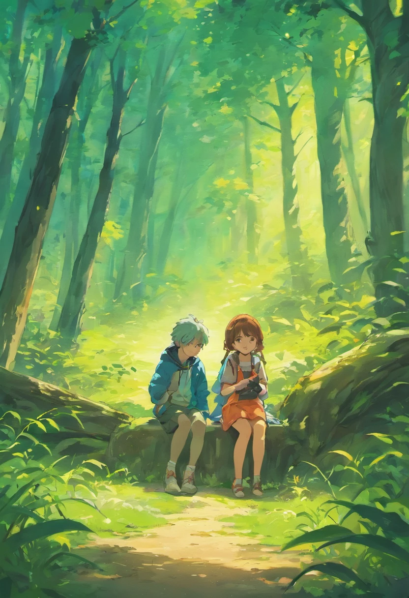 boy and girl observing animals on the ground in the woods,The colors are bright and bright