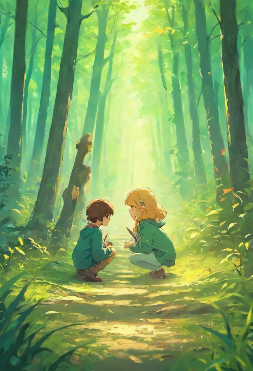 Little boy and girl observing animals on the ground in the woods,The colors are bright and bright