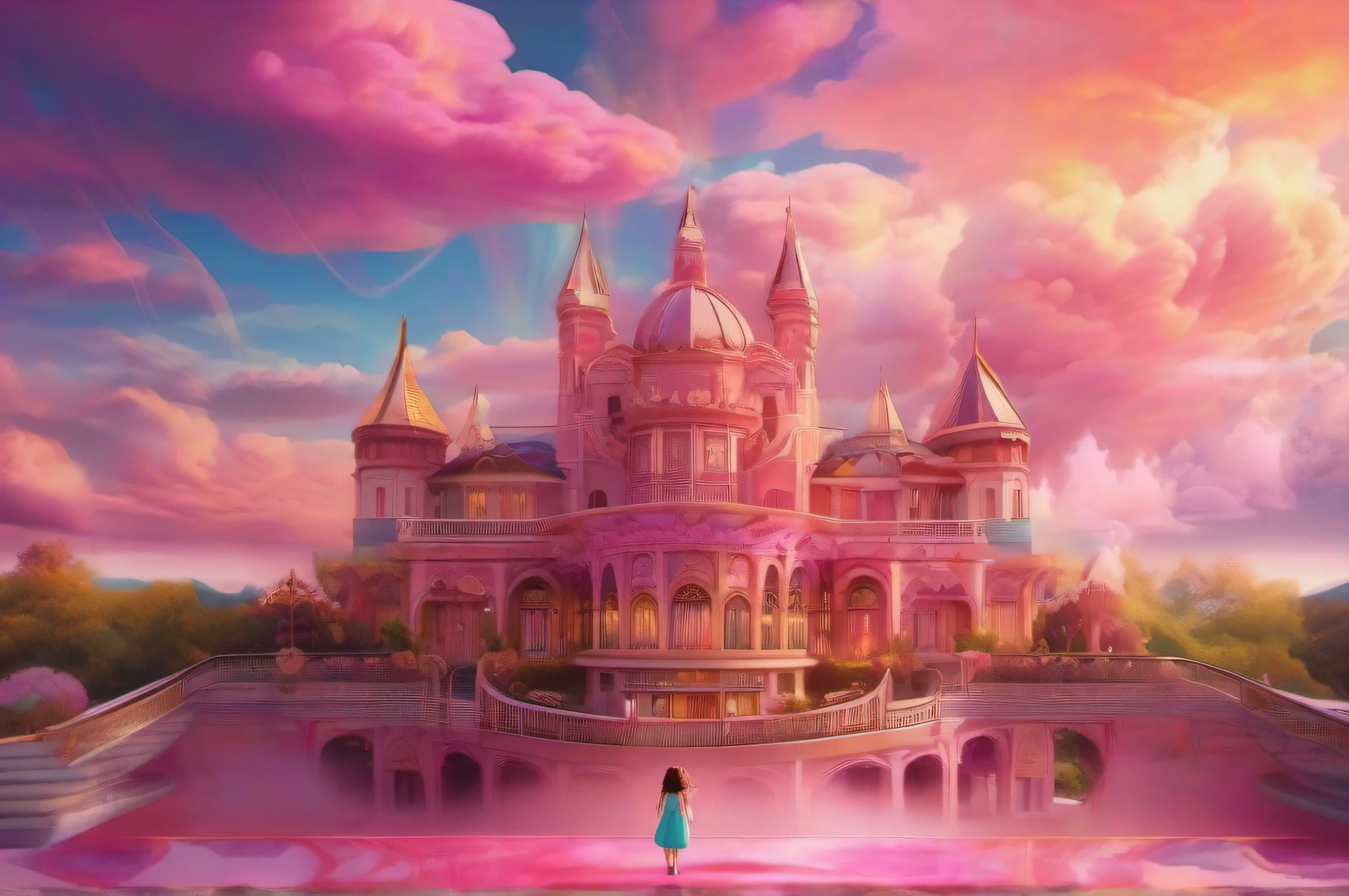 Fantastic, Magic World, Large pink cafeteria, (Colorful flowing clouds:1.4), a little girl, Iridescent sky, Scenic center,