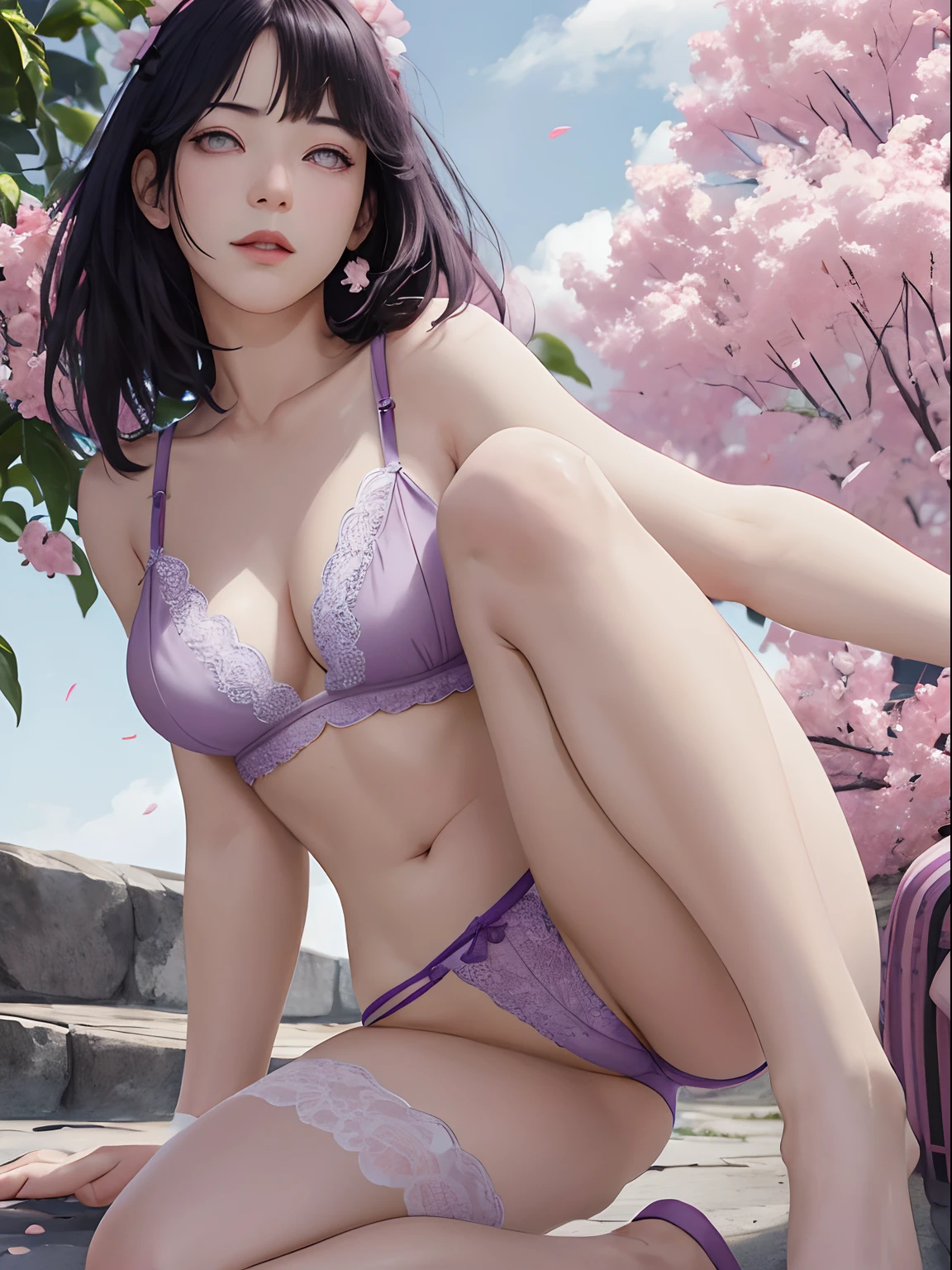 tmasterpiece， hoang lap， hyouka\（Boruto\）， woman， 独奏，Mature and sexy female， Purple lace lingerie，Sexy mature，with no underpants，with no underpants，with no underpants，pubes，pubes，pubes，pubes，pubes，Alvine，exteriors，Lavender flower field， looking at viewert， （Falling petals）， mostly cloudy sky， perfect compositions， Detailed lips，， beauitful face， Body support， Be red in the face， （redish pink lips）， long whitr hair， a purple eye， tear-mole，Soft gaze， Sad smile， Super realistic， A detailed， photoshoot，Realistick faces and bodies， photo-realistic hair， photorealistic eye，realistic nose，realistic lips