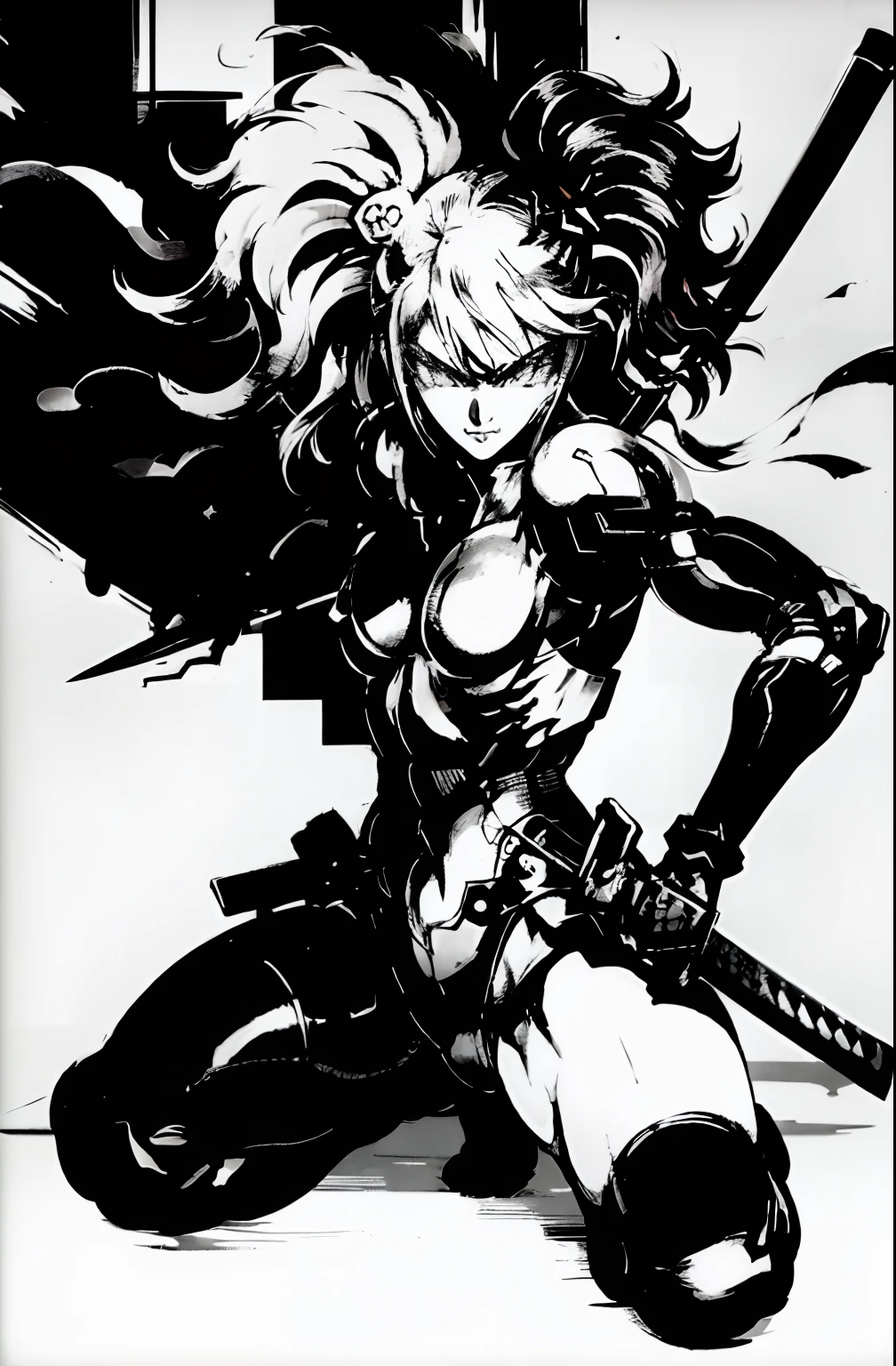 shinkawa youji, cyborg ninja, 1boy, cyborg, greyscale, girl focus, monochrome, ninja, solo, sword, weapon, ((masterpiece)), sexy,