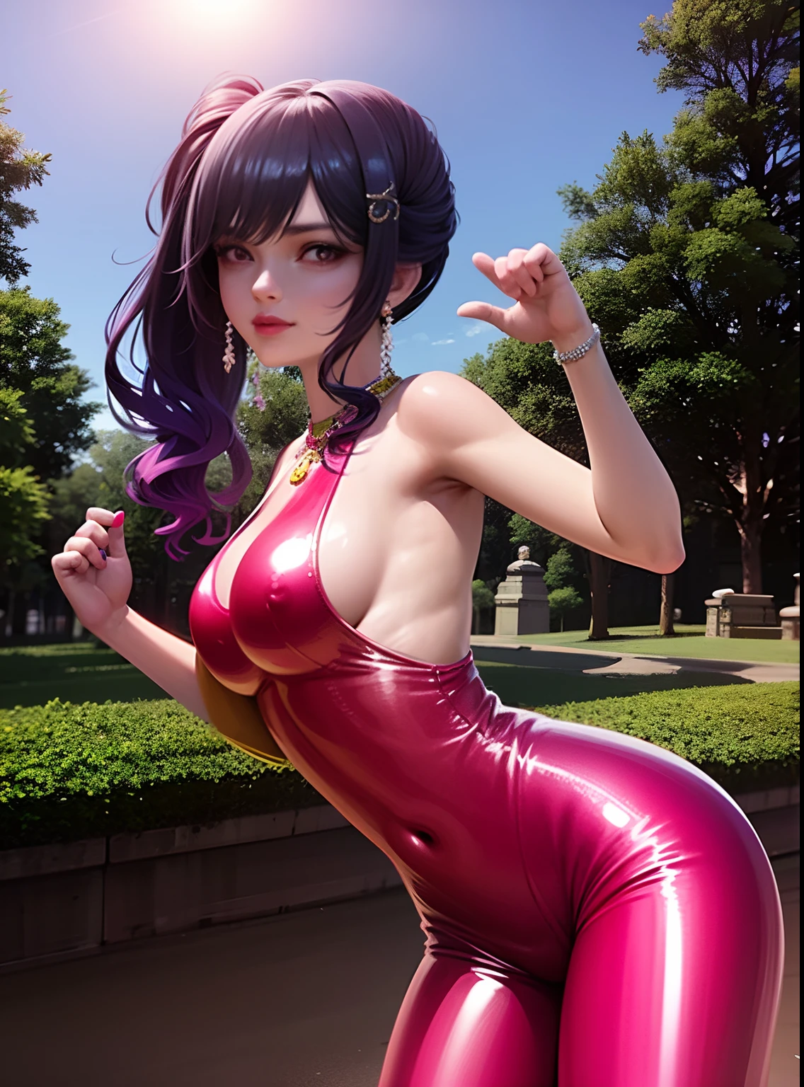 Alafe in pink latex costume posing for photo, wearing atsuko kudo latex outfit, latex shiny, gorgeous chinese model, Cute girl in pink plug suit with upper body, shiny plastic, Wearing a shiny golden-pink catsuit, Wearing latex, Hot with shining sun, futuristic glossy latex suit,