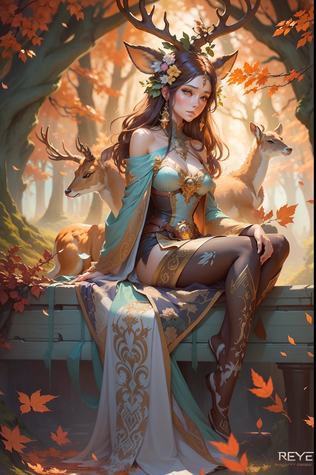 Woman with deer sitting on a bridge, fantasy art style, Keylet, digital fantasy illustration, alphonse mucha and rossdraws, epic fantasy art style, :: rossdraws, fantasy style art, Fantasy fantasy illustration, queen of the forest, detailed fantasy digital art, lois van rossdraws, Goddess of Autumn, beautiful fantasy art, detailed fanart