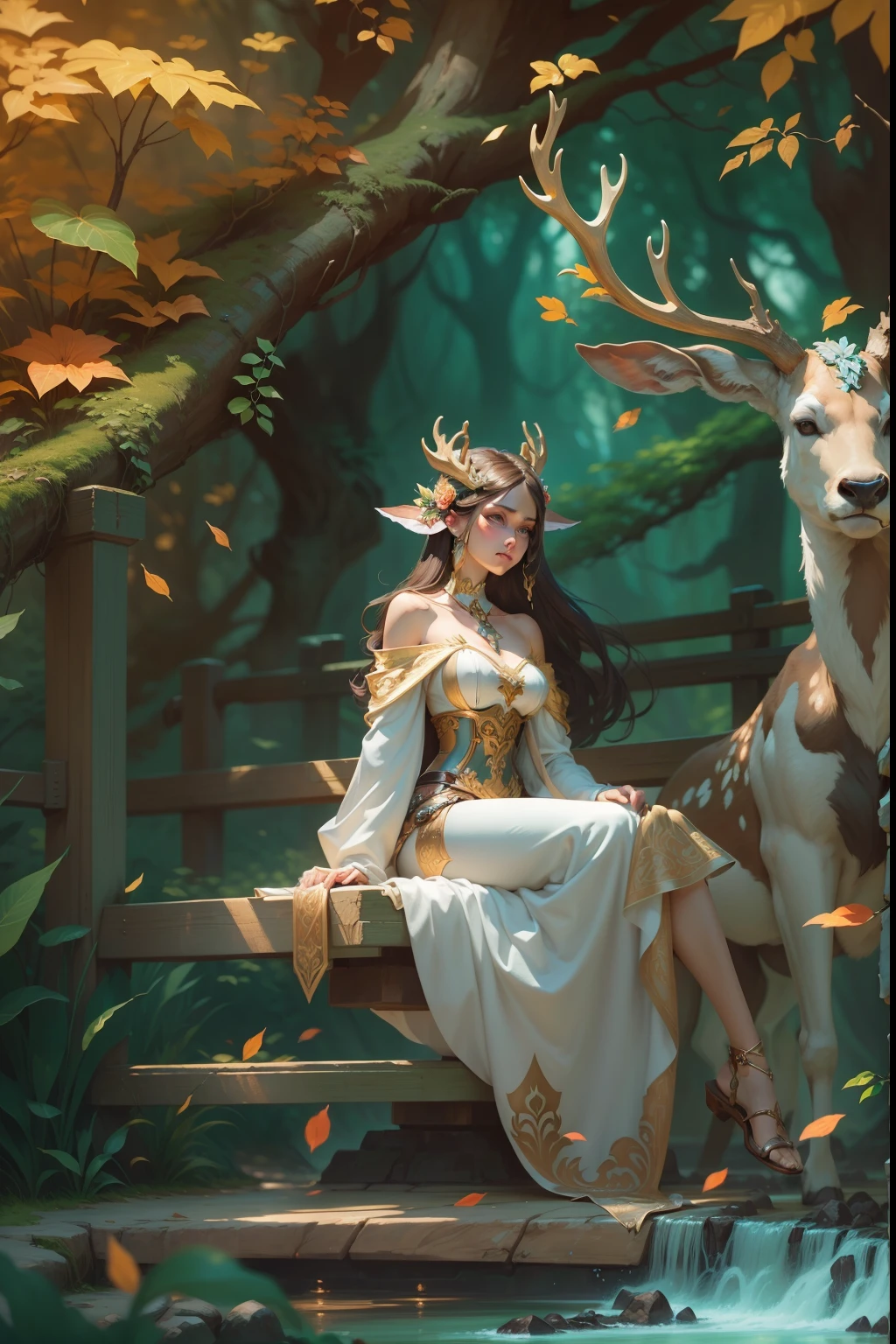 Woman with deer sitting on a bridge, fantasy art style, Keylet, digital fantasy illustration, alphonse mucha and rossdraws, epic fantasy art style, :: rossdraws, fantasy style art, Fantasy fantasy illustration, queen of the forest, detailed fantasy digital art, lois van rossdraws, Goddess of Autumn, beautiful fantasy art, detailed fanart