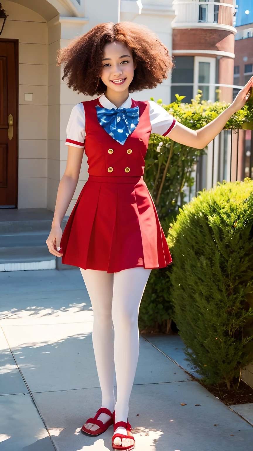 Show entire body, feet in view, 16y.o., gorgeous pale skin Latina female, short curly clown Afro, red hair, perfect body, 8k resolution, American school uniform, brown sheer pantyhose, house slippers, aerial view, standing, smiling, outside, luxurious apartment, nyc, afternoon,