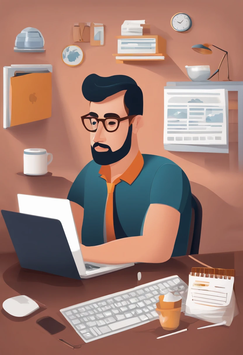 arafed man sitting at a desk with a laptop and a lot of icons, proffesional illustration, 2. 5 d illustration, digital 2d illustration, in style of digital illustration, corporate animation style, marketing game illustration, 2 d illustration, 2d illustration, detailed 2d illustration, flat illustration, digital illustration -, commercial illustration, digital concept art illustration