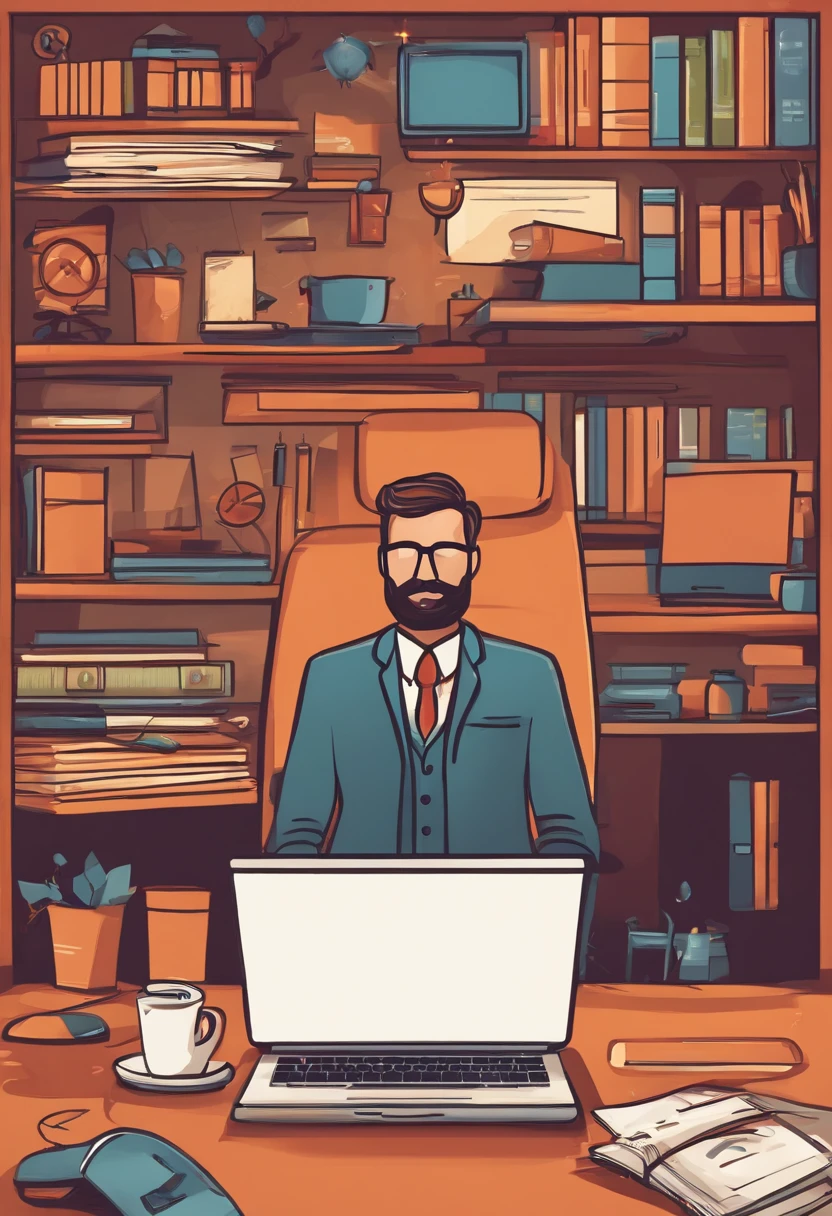 arafed man sitting at a desk with a laptop and a lot of icons, proffesional illustration, 2. 5 d illustration, digital 2d illustration, in style of digital illustration, corporate animation style, marketing game illustration, 2 d illustration, 2d illustration, detailed 2d illustration, flat illustration, digital illustration -, commercial illustration, digital concept art illustration