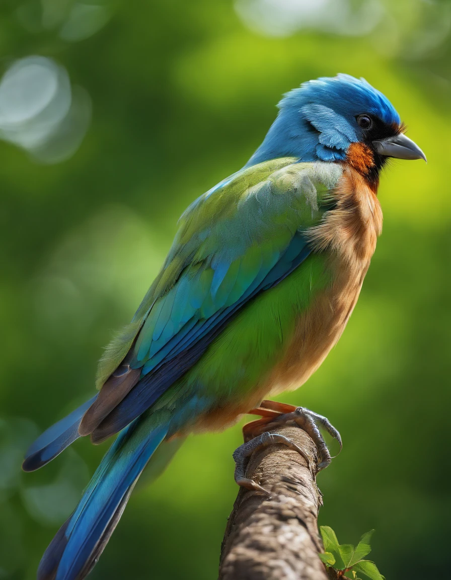 A bird in training to fly, (best quality, realistic), vibrant colors, detailed feathers, delicate wings, soft sunlight, nature-inspired art style, green foliage, blue sky, gentle breeze, focused determination. Full of yearning for blue sky and white clouds