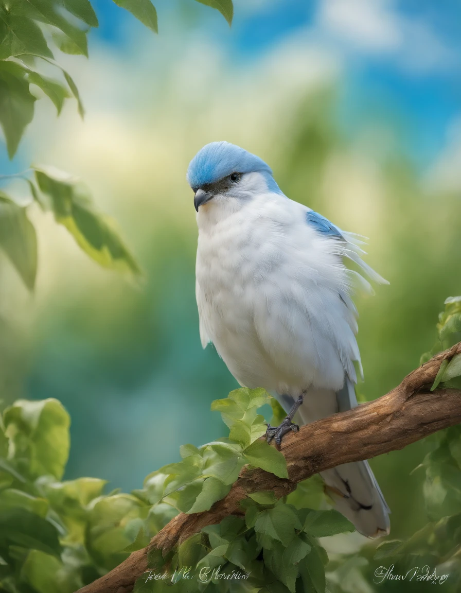A bird in training to fly, (best quality, realistic), vibrant colors, detailed feathers, delicate wings, soft sunlight, nature-inspired art style, green foliage, blue sky, gentle breeze, focused determination. Full of yearning for blue sky and white clouds