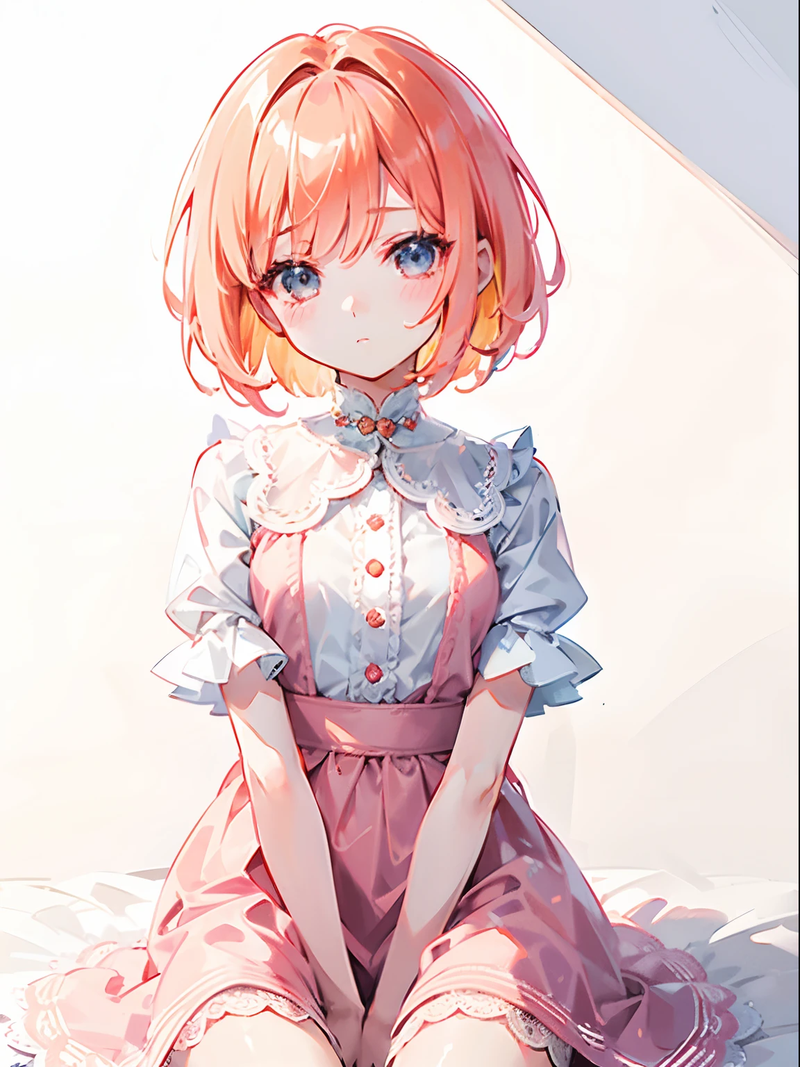 one girls, winc, About 10 years old, Close one eye, Peachy Hair, short-hair, bob cuts, colorfull dress, kawaii, with light glowing, Bright effect, hightquality, high-level image quality, delicate illustration, Ultra-delicate,