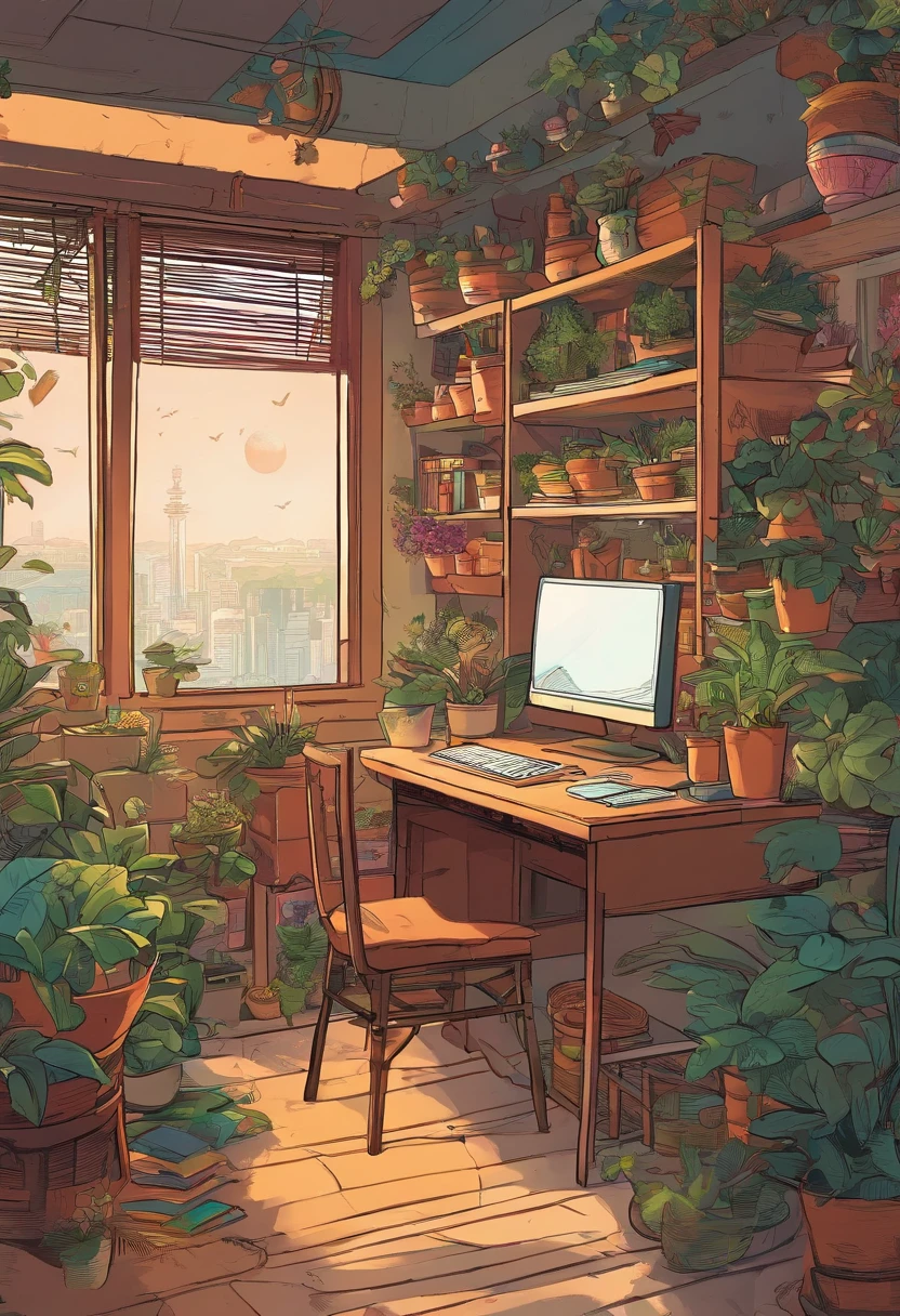Song Dynasty aesthetics，desks，catss，Computer，big window，lots of plants，There is a moon at night
